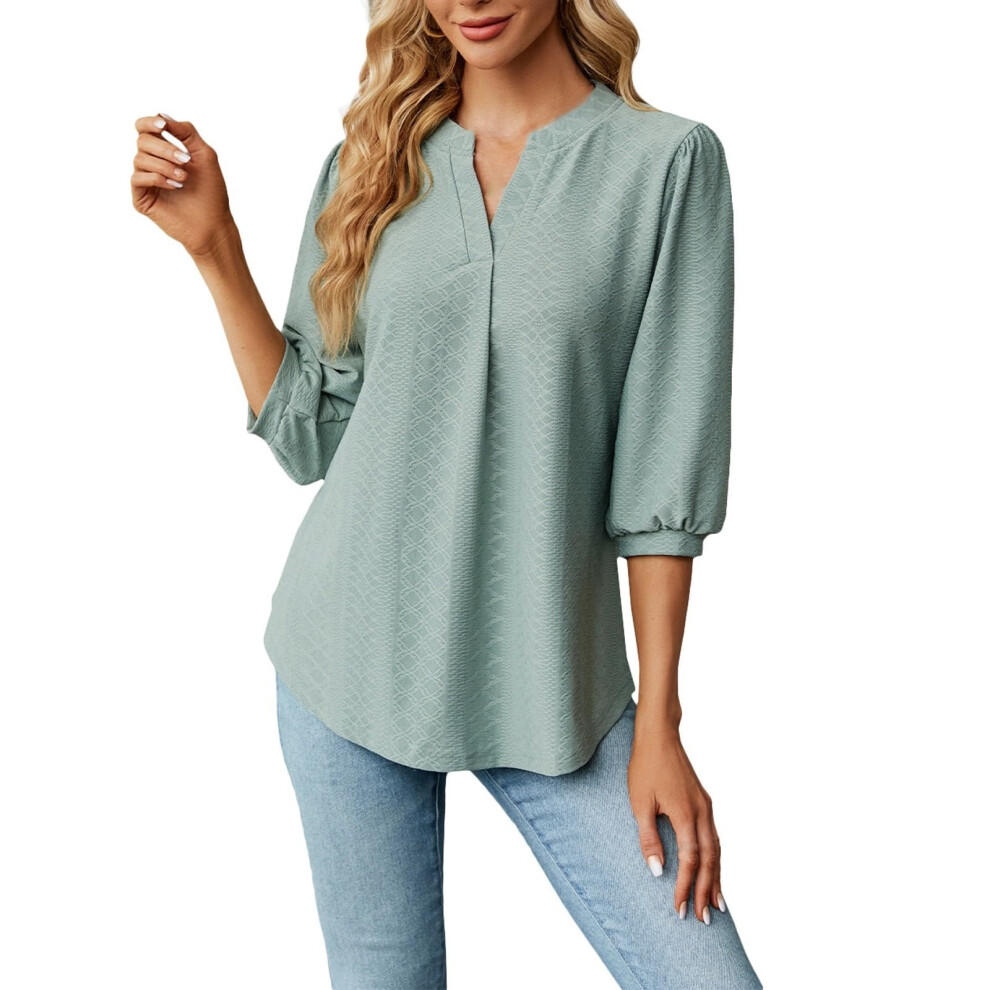 Green Women's Three-Quarter Sleeve Hollow-Out Top, Elegant- S