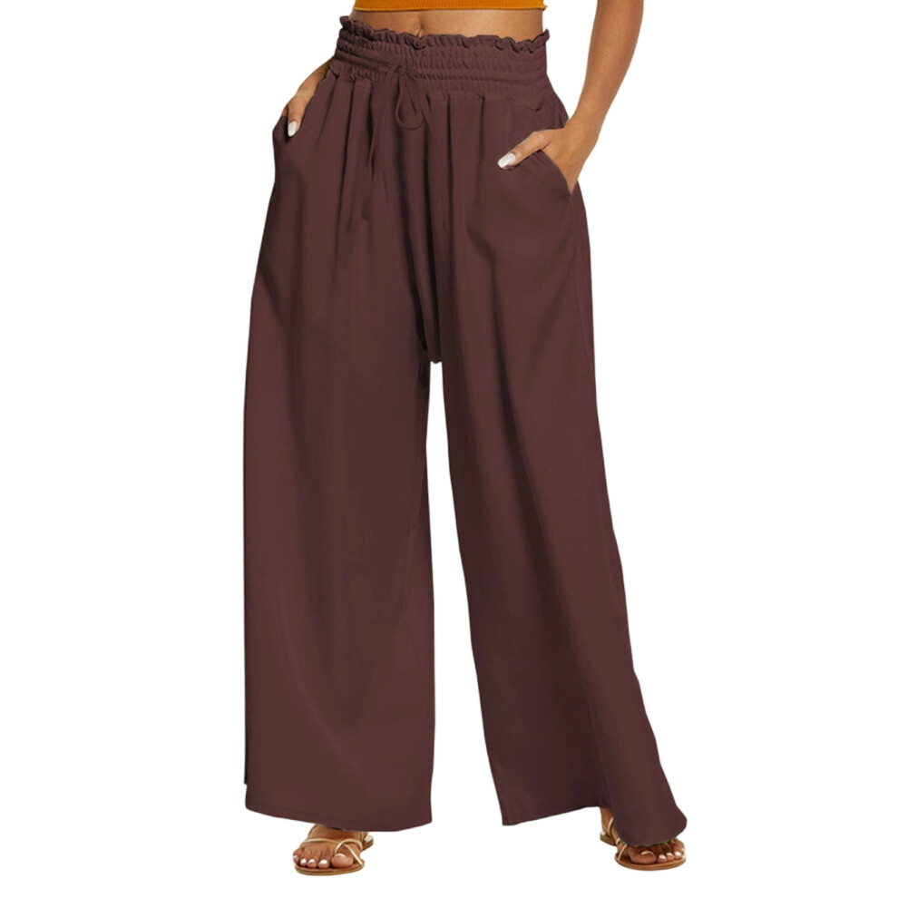 Women's high-waisted wide-leg pants, solid color,-Burgundy XL