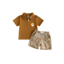 (2-3 Years, Brown) 2Pcs Toddler Boy Thanksgiving Outfit Short Sleeve Lapel Neck Turkey Embroidery Shirt and Plaid Shorts Set