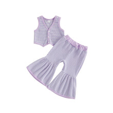 (18-24 Months, Purple) Girls Summer Outfit V Neck Button Up Knit Striped Tank Tops Flared Pants Summer Bell Bottom Set