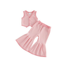 (2-3 Years, Pink) Girls Summer Outfit V Neck Button Up Knit Striped Tank Tops Flared Pants Summer Bell Bottom Set