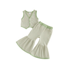 (12-18 Months, Light Green) Girls Summer Outfit V Neck Button Up Knit Striped Tank Tops Flared Pants Summer Bell Bottom Set