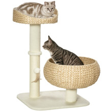 Krabpaal met twee niveaus, 72 cm hoog, sisalpaal met schuilplaats en platform, 1 hangende bal