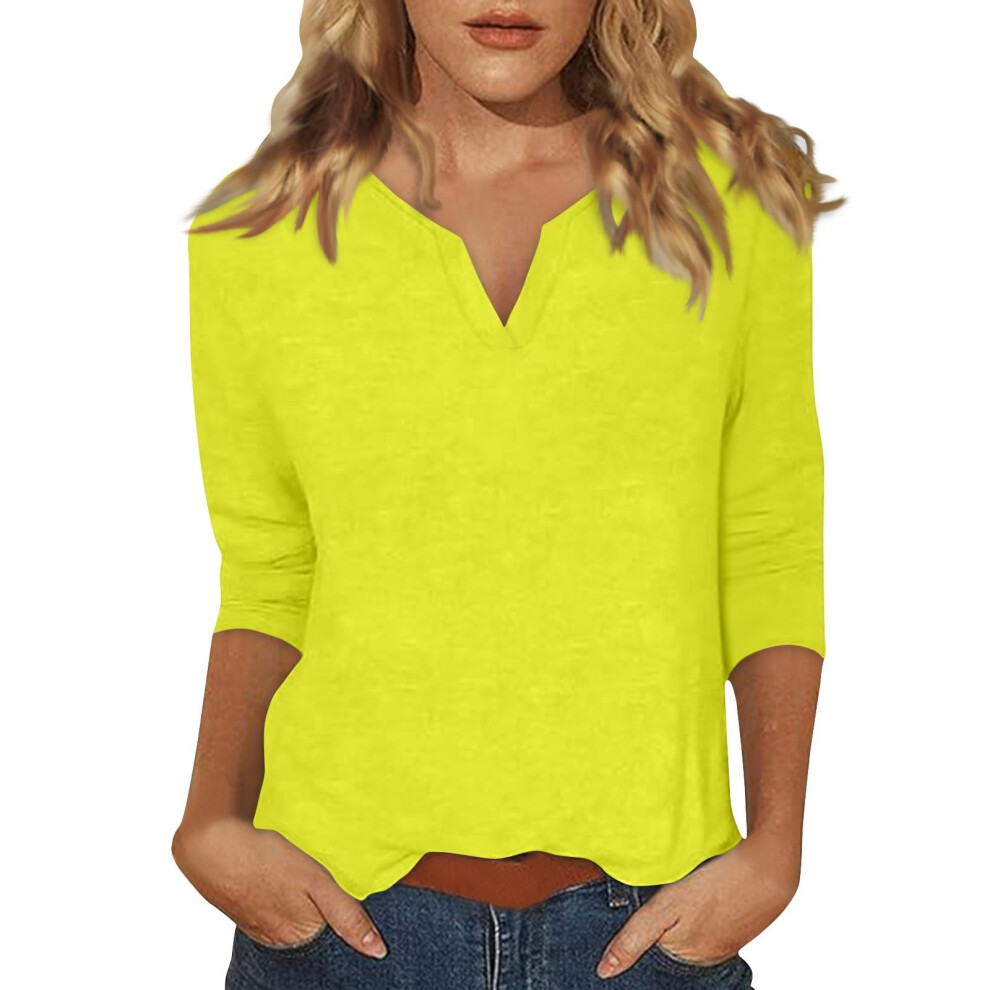 Womens V Neck 3/4 Sleeve T-Shirts Solid Color-bright yellow XXL