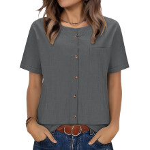 Women's linen T-shirt, V-neck, loose fit, comfortable,-Gray L