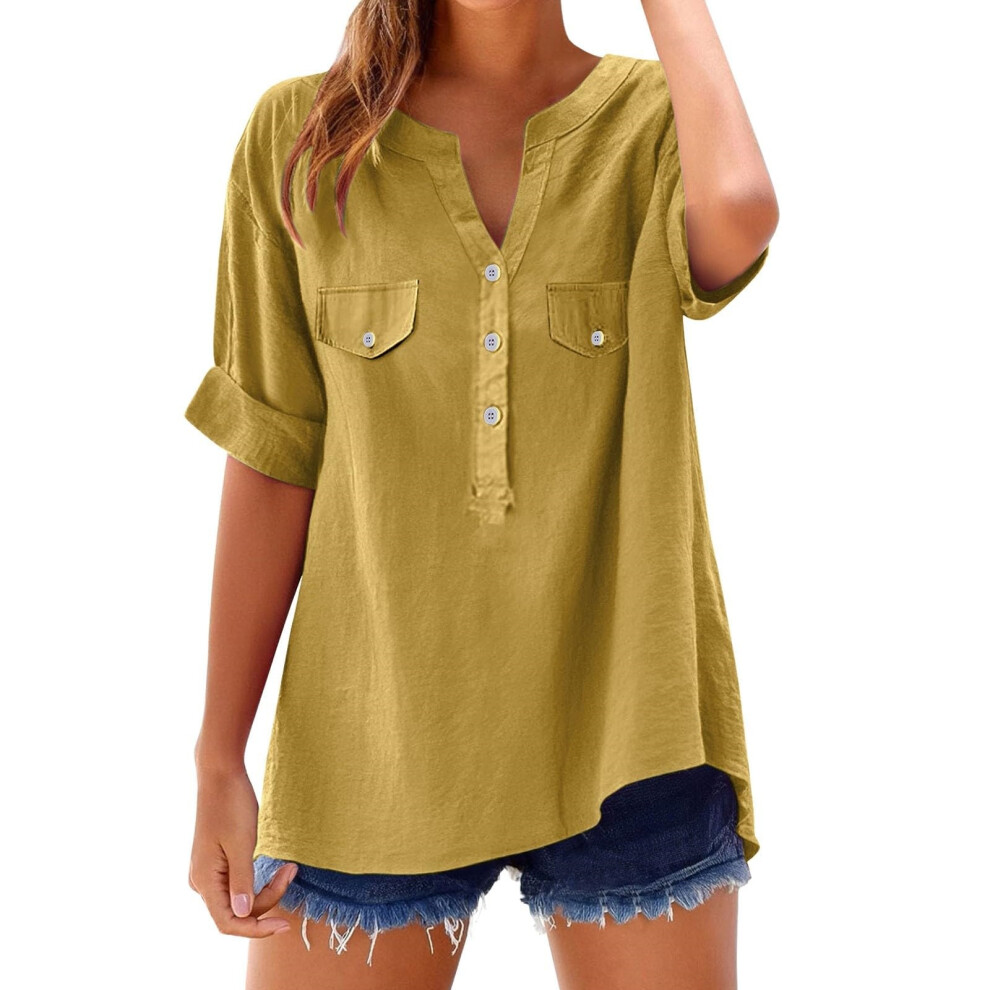Yellow Women's Button-Down Linen Clothing, Comfortable And- Xxl
