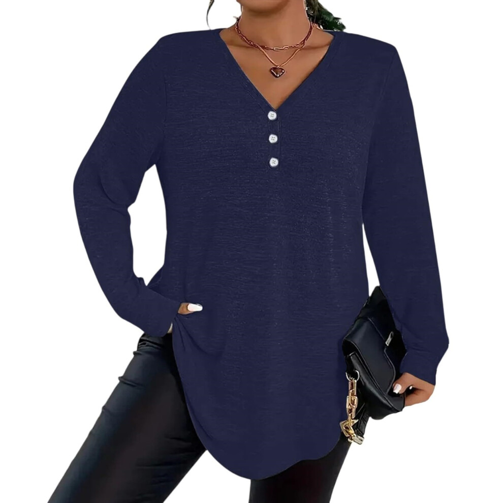 Blue Plus Size Tops For Women Dressy Button V Neck Long-Navy