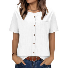 Women's linen T-shirt, V-neck, loose fit, comfortable,-White M