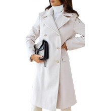 (L, white) Autumn and Winter Women's Jacket Simple Long-sleeved Lapel Double-breasted Tweed Jacket for Women
