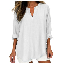 Women Casual Linen Blouses V Neck Long Sleeve-White XXXL