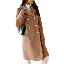(S, khaki) Autumn and Winter Women's Jacket Simple Long-sleeved Lapel Double-breasted Tweed Jacket for Women