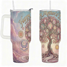 Stainless Steel Insulated Tumbler with Handle, Lid & Straw, Heart Tree Mother’s Day Design, Double Wall Hot & Cold Travel Cup Gift for Women