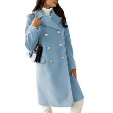 (S, blue) Autumn and Winter Women's Jacket Simple Long-sleeved Lapel Double-breasted Tweed Jacket for Women