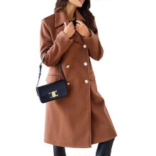 (M, brown) Autumn and Winter Women's Jacket Simple Long-sleeved Lapel Double-breasted Tweed Jacket for Women