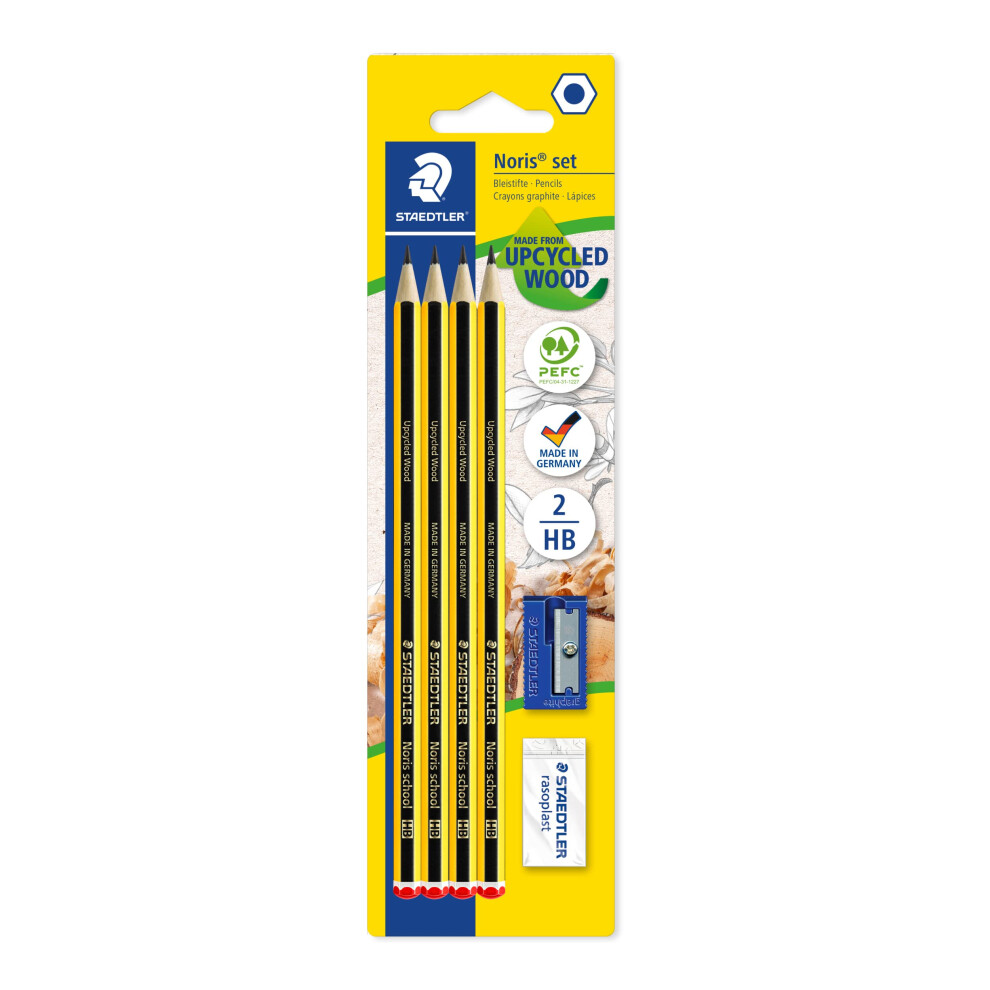 Staedtler 121S1 Bk4d Noris School Graphite Pencils - Hb Degree (Pack Of 4 Pencils, Sharpener + Eraser), Black