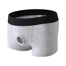 (L, Grey) Men Boxer Underwear Low Waist Breathable Design Front Opening Shorts Panties with Silicone Ring
