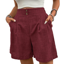 Womens Shorts Casual Elastic High Waist Zipper Button-Red M