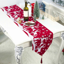 Christmas Table Runner 13"x71" Reindeer Design with Tassels, Compatible with Winter Dining Tables, Holiday Home Decor, Party Supplies & Gifts