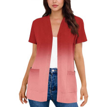 Womens Short Sleeve Cardigan, Red Ombre Open Front, Soft Stretchy with Pockets, Tunic Length Casual Everyday Wear for Women,Size XL