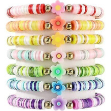 Bracelets Set Preppy Flower Heart Star Evil Eye Beaded Pearl Clay Bead Bracelets Summer Beach Boho Layering Bracelets Jewelry for Women
