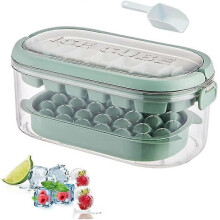 Ice Cube Tray with Lid, 2 Tiers Ice Cube Moulds Round And Square Ice Tray with Hidden Handle, Ice Cube Maker with Storage Ice Box