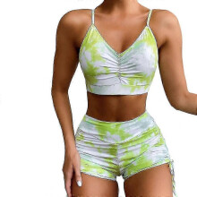 Womens Two-pieces Beachwear Thin Straps Ruffled Lacing Up High Waisted Bikinis