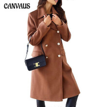 (XL, brown) Autumn and Winter Women's Jacket Simple Long-sleeved Lapel Double-breasted Tweed Jacket for Women
