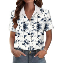 Women's V-neck short-sleeved shirt, casual-Sky Blue L