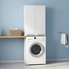 (White) Tall Washing Machine Storage Cabinet - Wooden Laundry Cupboard with Shelves for Utility Room & Bathroom (64 cm W x 30 cm D x 180 cm H)