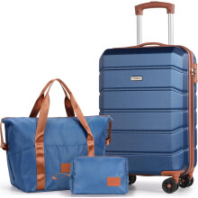 (Blue-brown, 3 PCS) Reiseset,Set aus leichten Reisekoffern mit Hartschale aus ABS,21 Zoll + Reisetasche und Kosmetiktasche