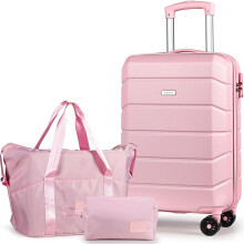 (Pink, 3 PCS) Reiseset,Set aus leichten Reisekoffern mit Hartschale aus ABS,21 Zoll + Reisetasche und Kosmetiktasche