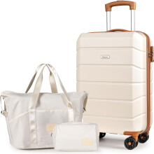 (Beige, 3 PCS) Reiseset,Set aus leichten Reisekoffern mit Hartschale aus ABS,21 Zoll + Reisetasche und Kosmetiktasche