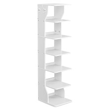VASAGLE - 7 Tier Vertical Shoe Rack, Narrow Shoe Storage Organizer with Hooks, Slim Corner Tower Shelf, Space Saving for Entryway and Bedroom, White