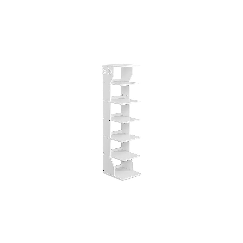 Vasagle - 7 Tier Vertical Shoe Rack, Narrow Shoe Storage Organizer With Hooks, Slim Corner Tower Shelf, Space Saving For Entryway And Bedroom, White