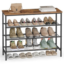 VASAGLE Shoe Rack, Shoe Storage Organiser Shelf for Hallway, Living Room, Bedroom, Metal Frame, 4 Tiers, 30 x 75 x 69 cm, for 12â“16 Pairs, Rustic