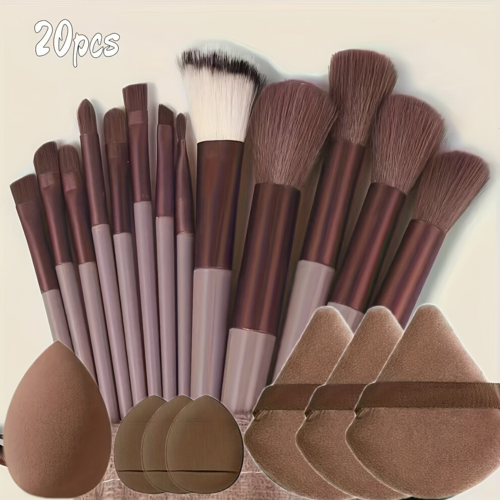 Brown (Coffee 20Pcs) 20Pcs Makeup Sponge Puff And Makeup Brush Set, Soft Synthetic Bristle Makeup Brushes Perfect For Makeup