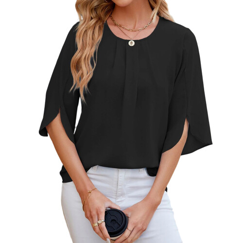 Solid color round neck five-quarter sleeve short-Black XL