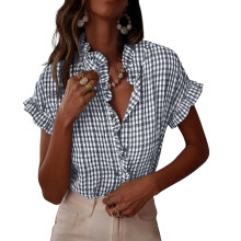 Womens Ruffle V Neck Button Down Blouse Casual Long-Gray L