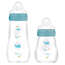 MAM Feel Good Glass Baby Bottle Pack of 2 (170 ml & 260 ml), with Teat 1 Slow Flow for Newborns, Pastel Unisex