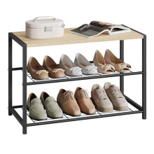 WOLTU 3 Tier Shoe Rack Bench, Metal Frame & Wooden Top, Storage Organizer for Entryway Hallway Bedroom, Space Saving Sturdy Shoe Shelf 63x30x43cm