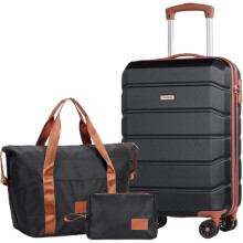 (Black-brown, 3 PCS) Reiseset,Set aus leichten Reisekoffern mit Hartschale aus ABS,21 Zoll + Reisetasche und Kosmetiktasche