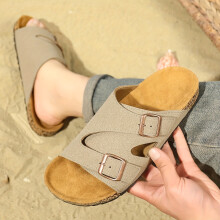 (Sand Gray, 6.5) Men's Adjustable Double Buckle Slide Sandals - Casual Beige Upper with Brown Sole, Non-Slip & Durable