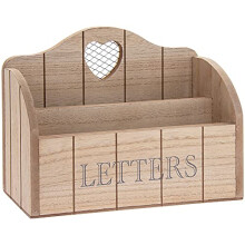 Natural Wood Finish Letter Rack With Contrasting Grey Letters Wording and Cutout Heart Detail, Twin Compartment Decorative Mail Organiser