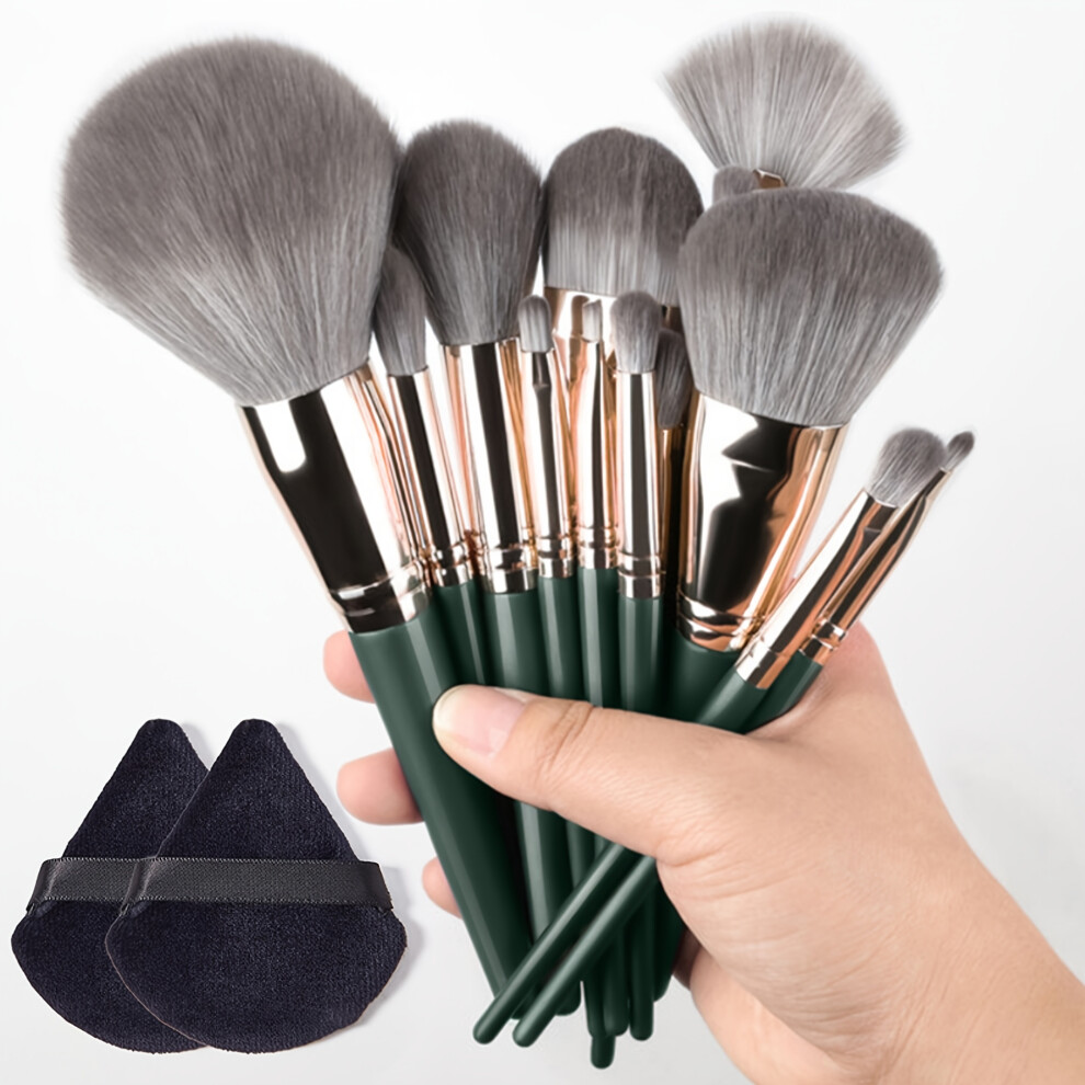 Green (Green+2Black Powder Puffs) Makeup Brush Set, Premium Soft Synthetic Bristles For Flawless Application, Includes Blush Foundation Eye Shadow
