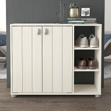 GFW Bideford Small Shoe Storage Unit With Storage Cupboards And Open Shoe Rack, 2 Panelled Drawers, Contemporary White Wooden Shoe Cabinet For