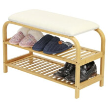 Livhome 2-Tier Narrow Shoe Bench Storage with Cushion, Compact Hallway Shoe Seat with Shelves, Durable Bamboo Shoe Rack Bench with Seat