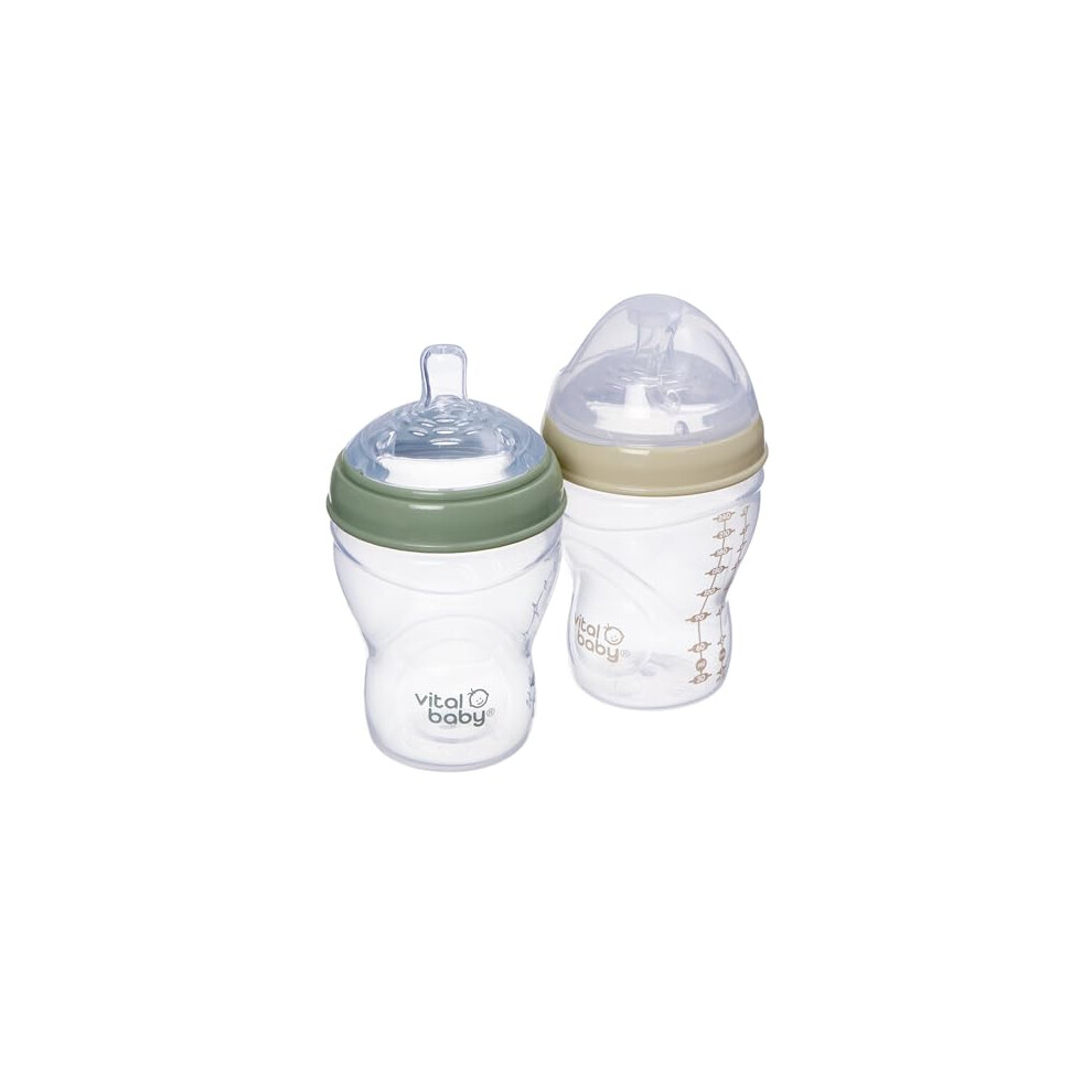 Vital Baby Breast-Like Baby Feeding Bottles 0M+, 240Ml, Self-Sterilising In 3 Mins, Triple Anti-Colic Valves, Slow Flow Teats, Earthsmart