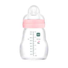 MAM Feel Good A160 Premium Glass Bottle with Teat 1 Patented SkinSoftTM Ultra Soft Silicone for Babies 0 Months + 170 ml Pink