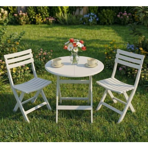 Alivio 3-Piece Folding Bistro Set Space Saving Patio Table & 2 Chairs (White)