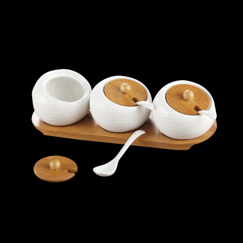 3 Bocaux En Pour Condiments Plateau Bois Colorés 1